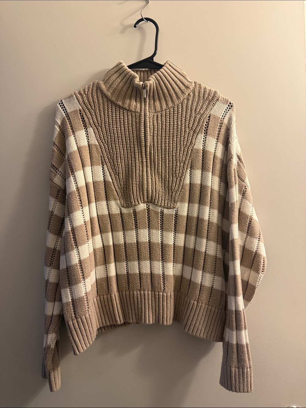 a new day Beige & Cream Plaid Half-Zip Turtleneck Sweater